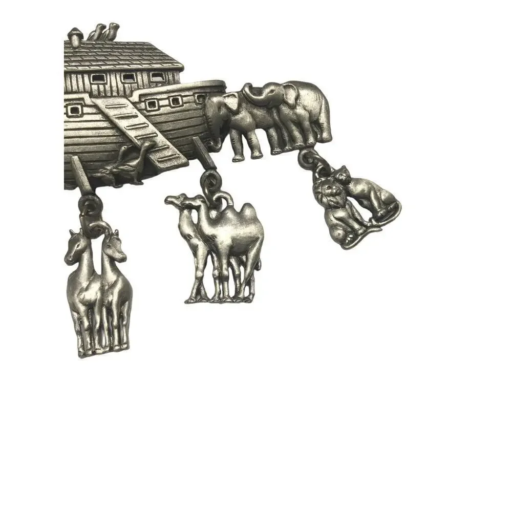 Vtg JJ Noah’s ark brooch pin silver 80s dangle charm lion camel‎ bible Christian